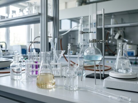 Scientific laboratory setup with various glassware and liquids