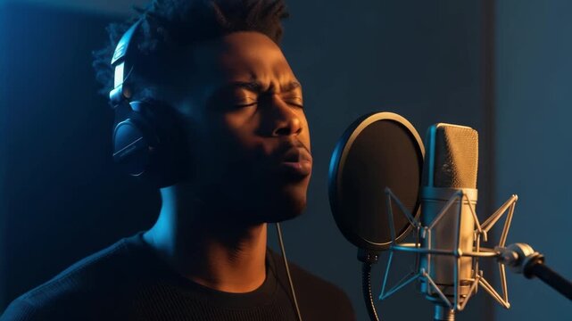 Passionate Vocal Performance: A musician with intense focus, wearing headphones and singing into a microphone in a dimly lit recording studio, expressing deep emotion through his voice.