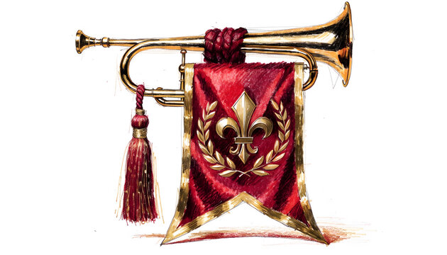 Royal trumpet with a crimson heraldic banner and golden fleur de lis. Fantasy royalty ceremony and fanfare. Musical brass clarion horn displaying a royal crest isolated on white