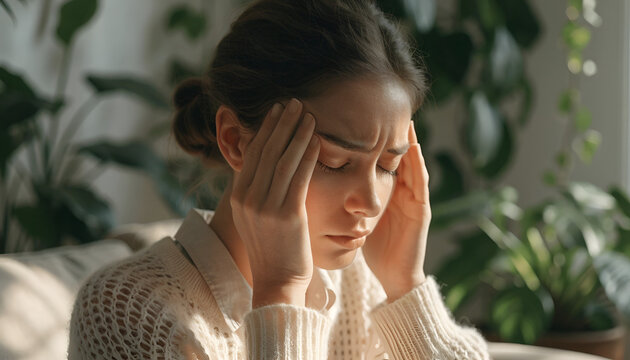 Stressed Woman Experiencing Severe Headache and Migraine Pain at Home