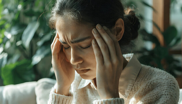 Stressed Woman Experiencing Severe Headache and Migraine Pain at Home