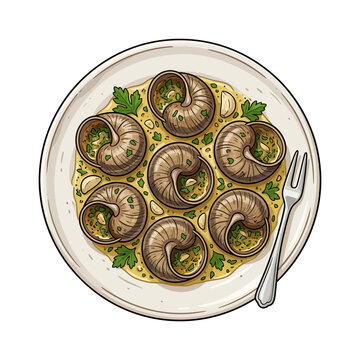French Escargot snail dish with garlic butter and parsley sauce illustration on a white plate 20260911101252