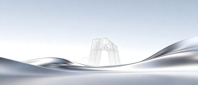 Wireframe architectural structure with flowing metallic abstract curves