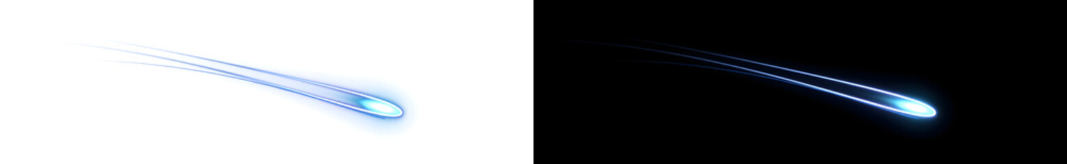 Comet trail of glowing blue light streaking with a bright head for overlay use in PNG, Transparent and Black Background Versions © Crafter
