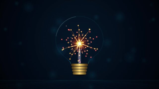 Glowing light bulb with sparking energy burst, creative innovation concept, business idea and inspiration motion background