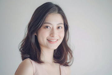 Fototapeta premium A young Asian beauty portrait with clean, glowing skin creates a minimal skincare visual ideal for cosmetic branding, spa campaigns, and wellness advertising.