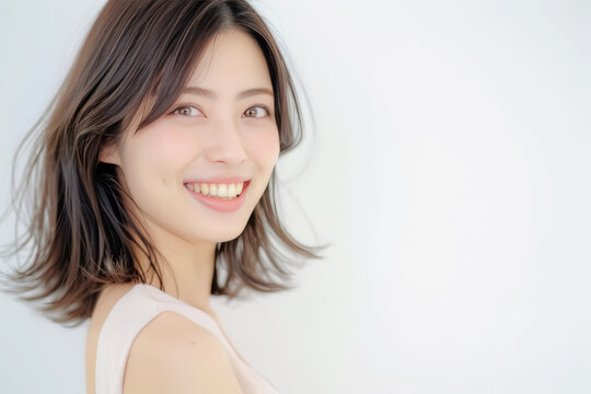A young Asian beauty portrait with clean, glowing skin creates a minimal skincare visual ideal for cosmetic branding, spa campaigns, and wellness advertising.