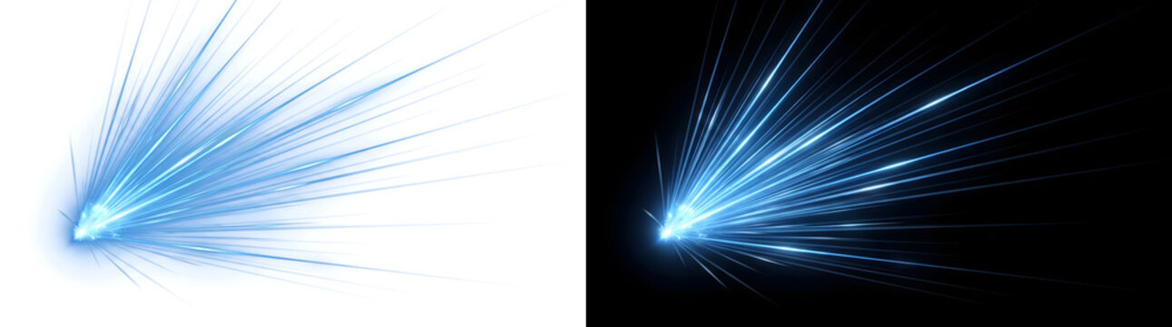Spark burst of glowing blue rays shooting from a bright point for overlay use in PNG, Transparent and Black Background Versions