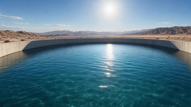 Reservoir Water Dam Desert Mountain Concrete Blue Sun Landscape Arid Terrain Clear Storage Basin Bright Sky