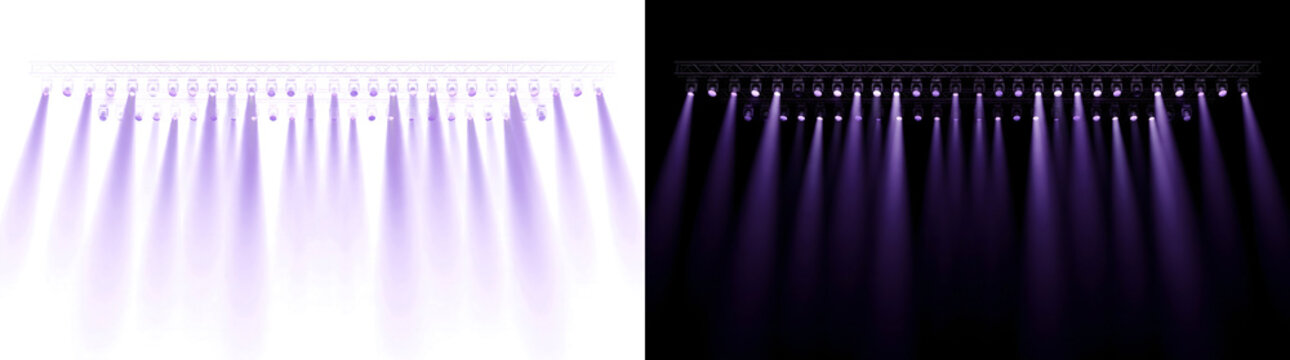 Stage lights of purple spotlight beams shining from a truss rig for overlay use in PNG, Transparent and Black Background Versions