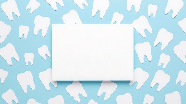 White paper card with copy space on a blue background with tooth icons