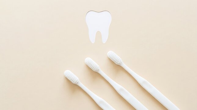 Three whitening toothbrushes with tooth model demonstrating dental hygiene tools on neutral background