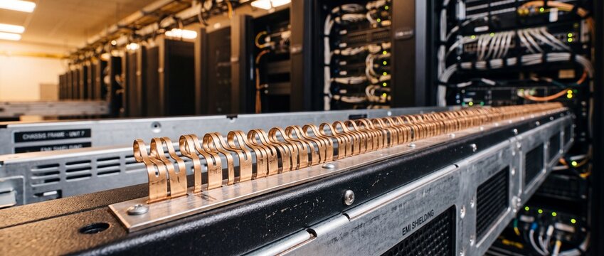 Copper electromagnetic interference shielding fingers mounted on server rack chassis frame rail.