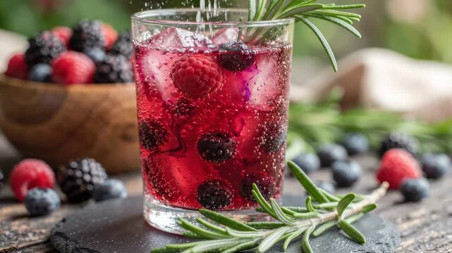 A ruby berry drink bubbles in a tall glass with frozen fruit, ice and rosemary, surrounded by fresh berries on a dark surface. Crafted refreshment