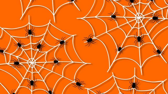 Halloween background with white spider webs and tiny spiders over bright orange backdrop.