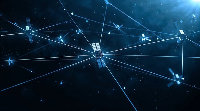 Network of satellites connected by lines in space with a dark background