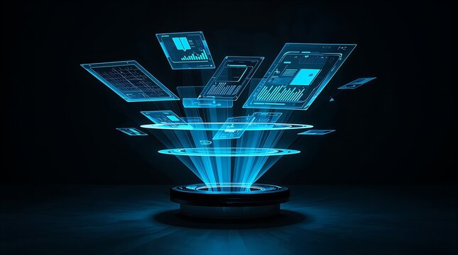 Futuristic glowing blue screens and devices emerging from a funnel