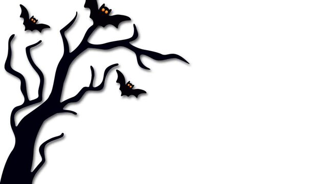 Spooky Halloween Tree Silhouette With Flying Bats On White Background.