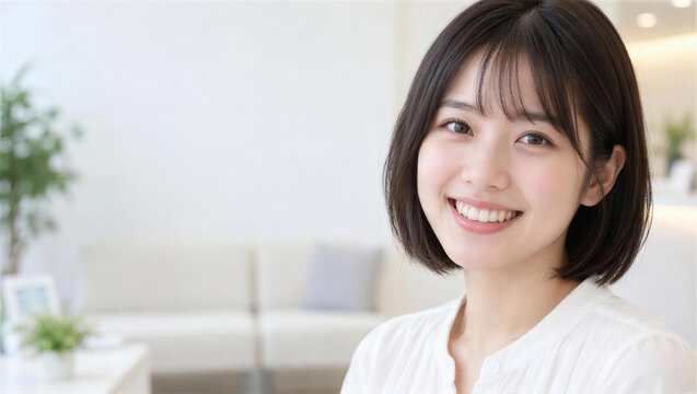 待合室で歯を見せて笑うボブヘアと白いブラウスの女性
