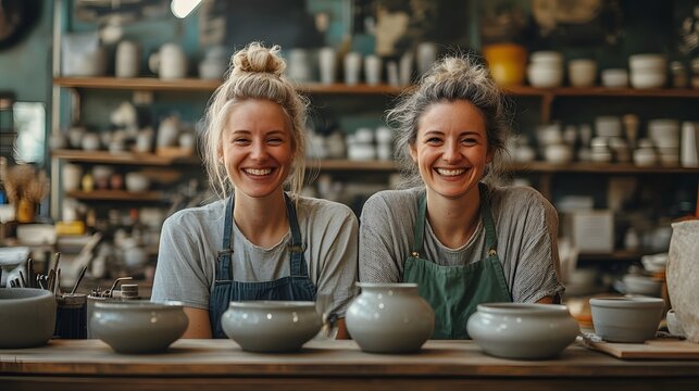 Two happy smiling women ceramic artists standing behind shelves in a pottery studio