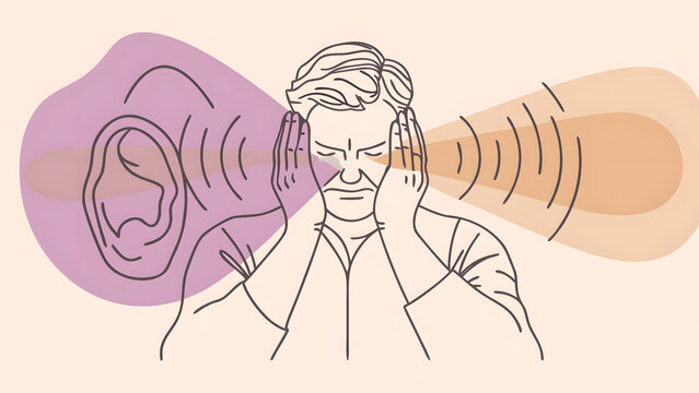 Loud noise exposure causing painful tinnitus and ear ache. Sound pollution and hearing damage. Man covering ears in distress from loud sound waves