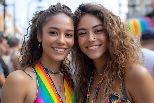 Two happy young women with curly hair smiling together at a vibrant outdoor pride parade event