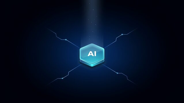 Glowing blue artificial intelligence hexagon button floating in digital space featuring bright light beams and complex interconnected circuit network lines
