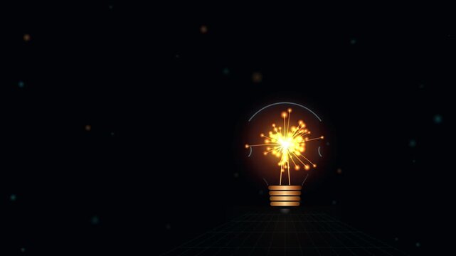 Glowing light bulb with sparking energy concept, creative idea and innovation animation on dark background