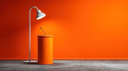 Obraz premium Modern Orange Floor Lamp and Podium in Minimalist Room