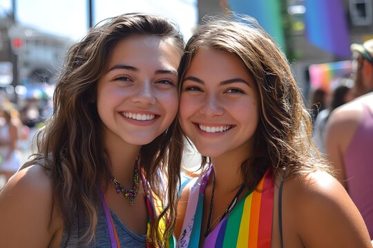 Two smiling young women standing close together at a colorful outdoor pride parade event