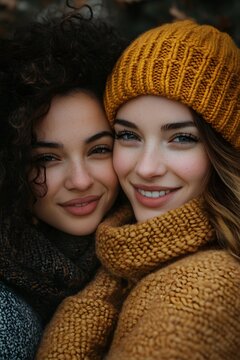 Two smiling young women wearing warm knitted sweaters and beanies outdoors in winter