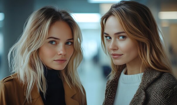 Two young women with blonde hair looking at the camera in a modern indoor shopping mall setting