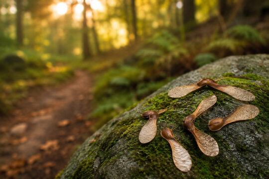 Ahornsamen auf moosbedecktem Stein im herbstlichen Wald
