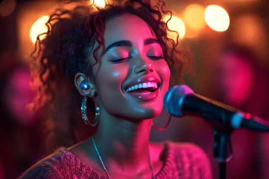 Woman singing passionately into microphone at live concert with vibrant stage lights