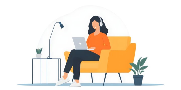 Woman sitting in an armchair working on a laptop computer with headphones in a cozy home office