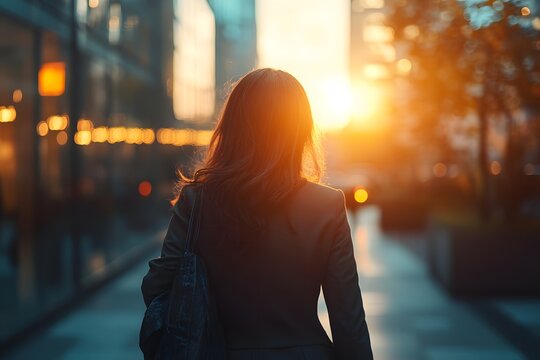 Woman walking through a city street at sunset with warm golden light reflecting off buildings