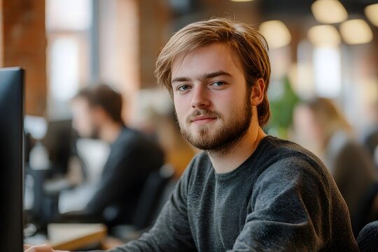 Young bearded man working on a computer in a blurred modern open plan office environment