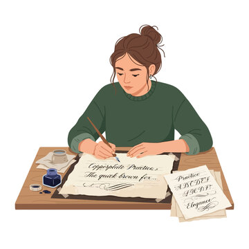 Green sweater writing calligraphy on wooden desk beside ink bottle