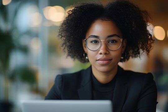 Young black woman with curly hair wearing glasses looking at a laptop in an office setting