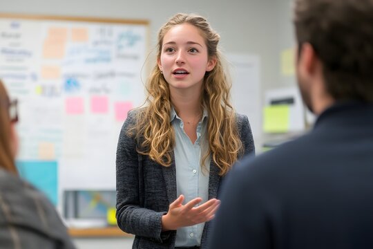 Young blonde businesswoman talking during a team meeting in a modern bright office environment