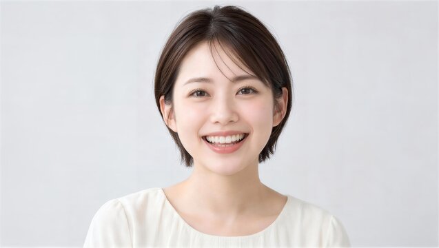 淡いグレー背景で歯を見せて笑うショートヘアの女性