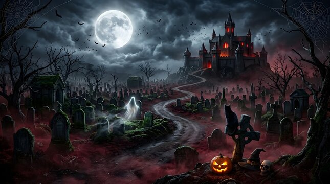 Spooky Halloween Cemetery with Haunted Castle Ghost and Glowing Full Moon Night Landscape