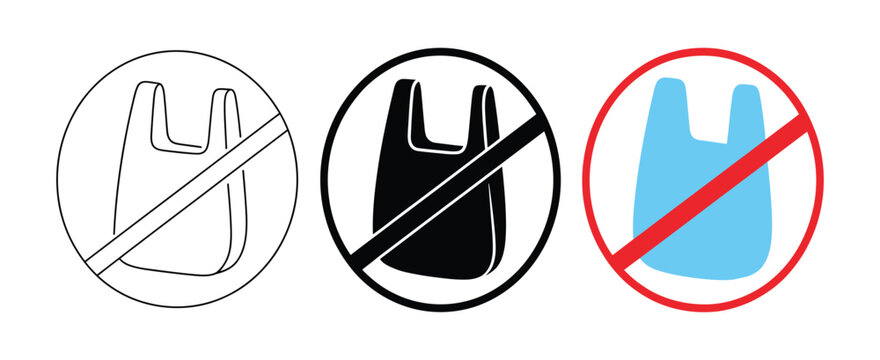 No Plastic Bag Prohibition Sign Icon Set with Single Use No Bags Symbols Representing Plastic Reduction, Environmental Protection and Sustainable Practices