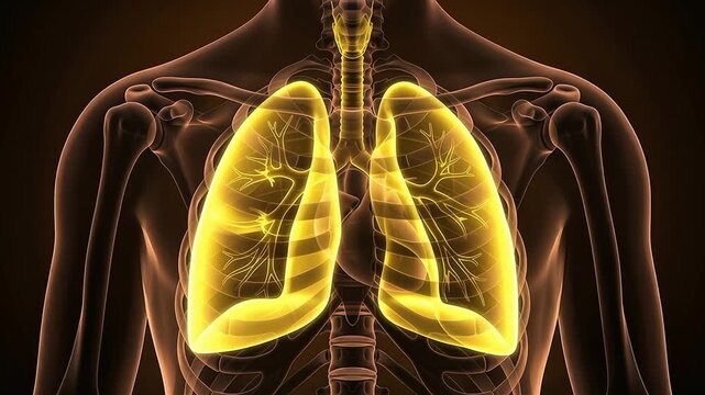 3D medical animation of the human respiratory system featuring glowing yellow lungs within a translucent anatomical skeletal frame.