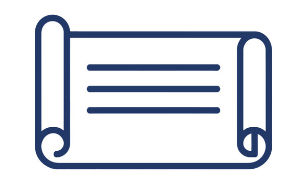Minimalist icon of a blue digital document scroll with horizontal code lines isolated on a white background, professional software development concept