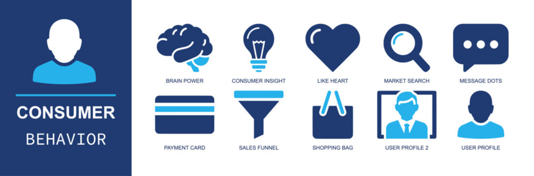 Consumer behavior icon set. Duotone flat vector icons of consumer insight, sales funnel, shopping bag, market search and preference for marketing concepts.