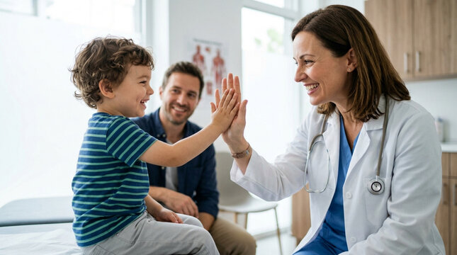 Doctor gives child high five, father smiles in background at medical office