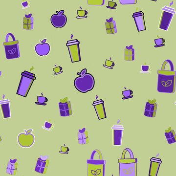 Seamless pattern of apples, coffee cups, gifts, and tote bags