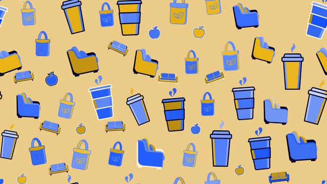 Seamless pattern of coffee cups, tote bags, sofas, and apples