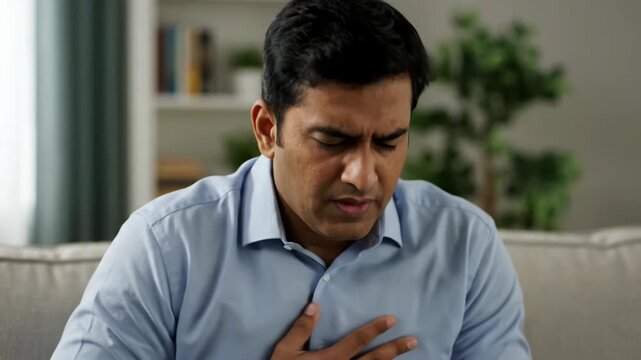 Man shows pain by covering his chest at home, man covers his chest pain chart